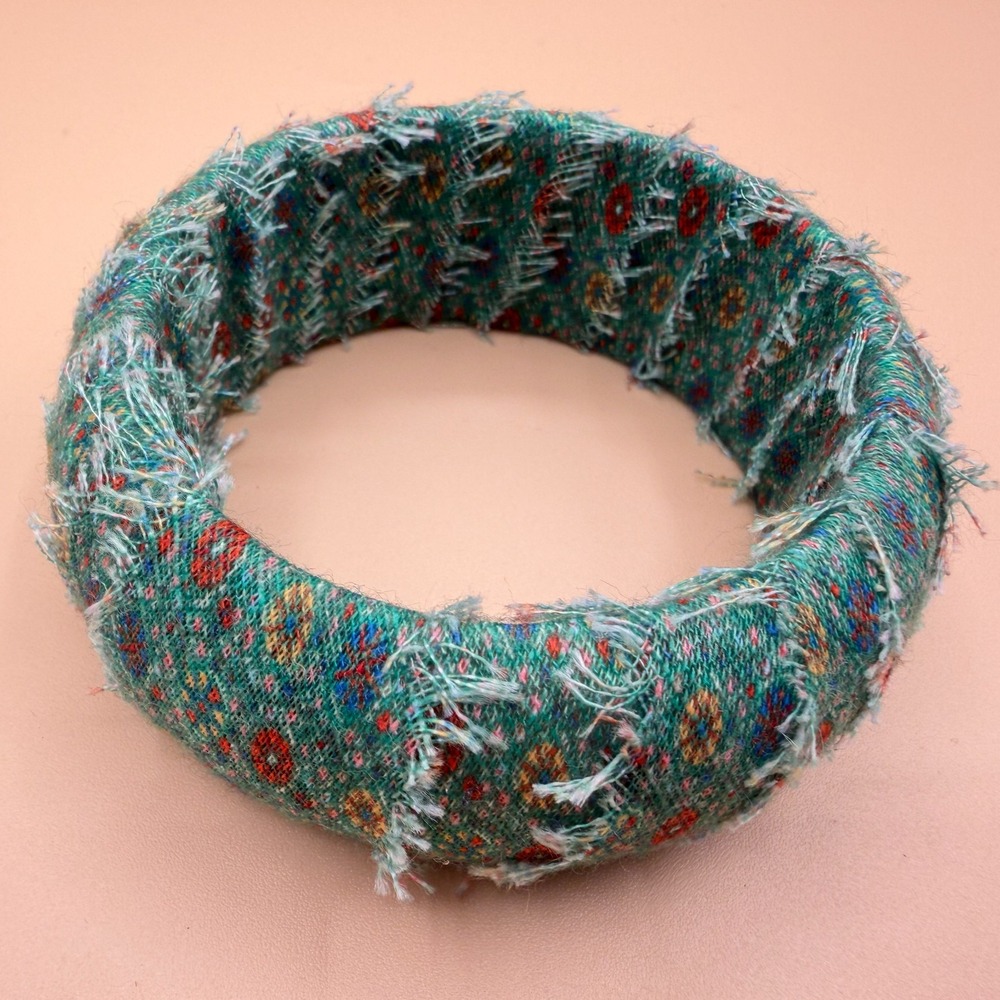Boho Green Fabric Wrapped Wide Bangle Bracelet Frayed Textile Statement Jewelry